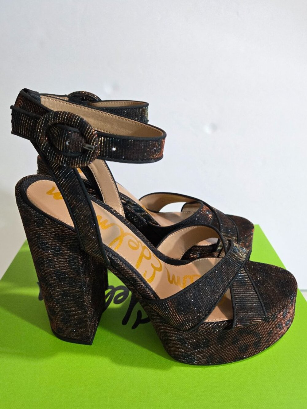 Sam Edelman Savannah Ankle Strap Platform Block Heels in Brown Glitz size 9.5